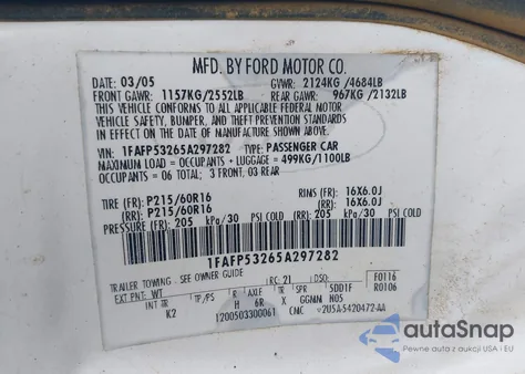 2005 Ford Taurus Se из США, поврежденный, VIN 1FAFP53265A297282